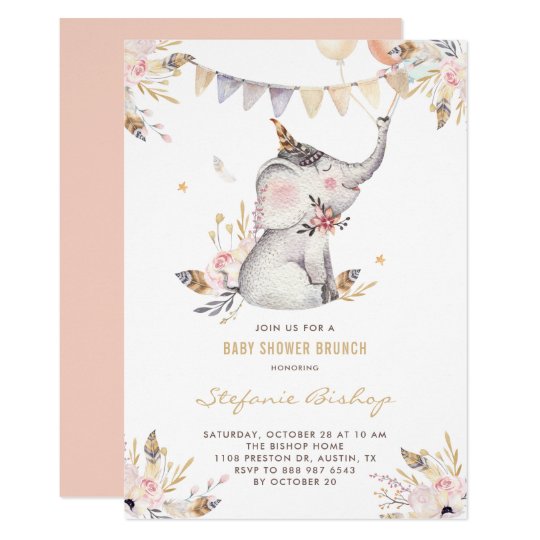Boho Watercolor Elephant Floral Baby Shower Brunch Invitation Boho Watercolor Elephant Floral Baby Shower Brunch Invitation