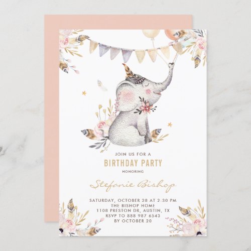 Boho Watercolor Elephant Floral Kids Birthday Invitation