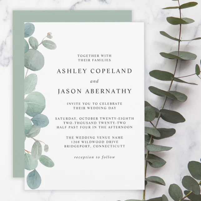 Boho Watercolor Eucalyptus Border Wedding Invitation | Zazzle