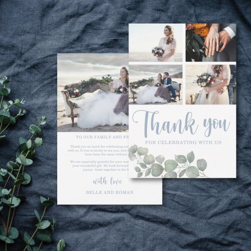Boho Watercolor Eucalyptus Dusty Blue Wedding Thank You Card
