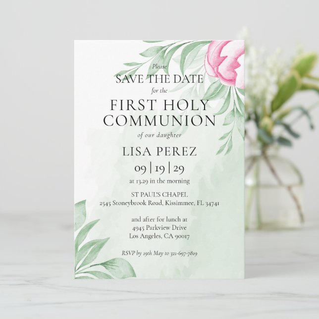 Boho Watercolor Eucalyptus First Holy Communion Save The Date (Standing Front)