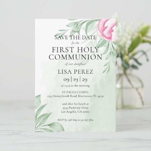 Boho Watercolor Eucalyptus First Holy Communion Save The Date