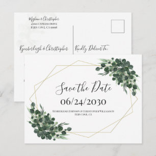 Boho Watercolor Eucalyptus Geometric Save the Date Postcard