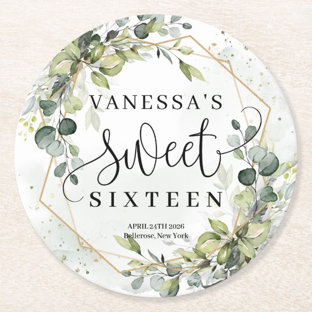 Boho watercolor eucalyptus gold 16th birthday  round paper coaster (Front)