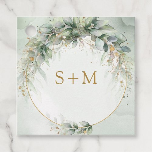 Boho watercolor eucalyptus gold frame initials favor tags