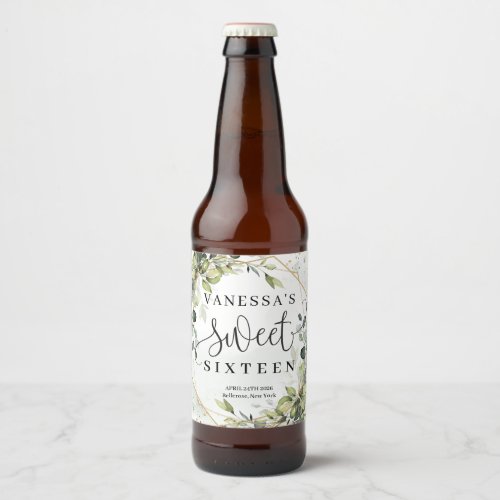 Boho watercolor eucalyptus gold frame sweet 16th beer bottle label