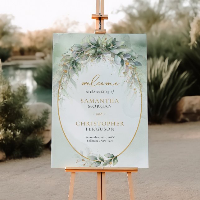 Boho watercolor eucalyptus gold oval frame welcome foam board (Lavish greenery foliage gold frame wedding welcome poster)
