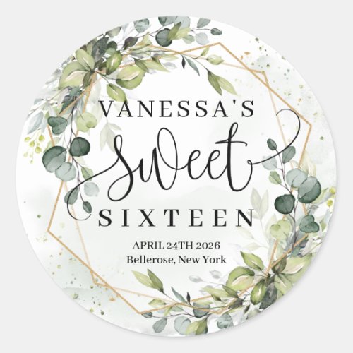 Boho watercolor eucalyptus gold sweet sixteen classic round sticker