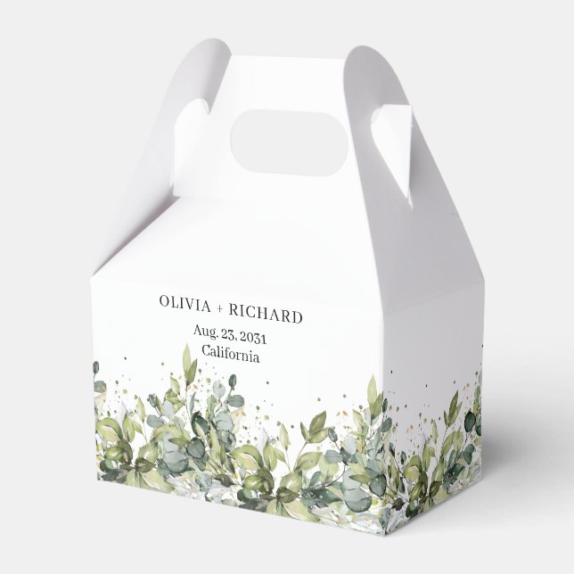 Boho watercolor eucalyptus gold Wedding favor box (Front Side)