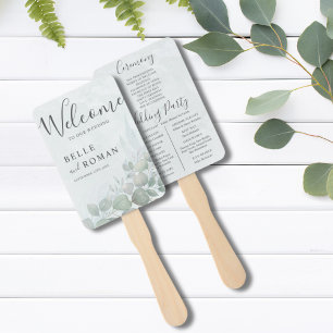 Boho watercolor Eucalyptus Green Wedding Program Hand Fan
