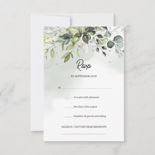 Boho watercolor eucalyptus greenery gold sparkles RSVP card