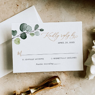 Boho Watercolor Eucalyptus Greenery Gold Wedding RSVP Card