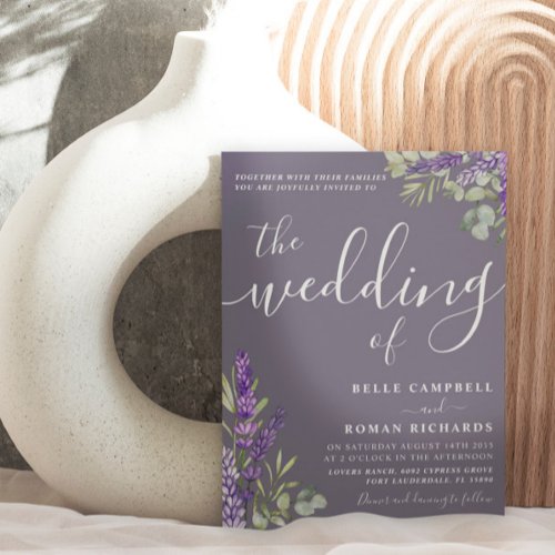 Boho Watercolor Eucalyptus  Lavender Wedding Invitation