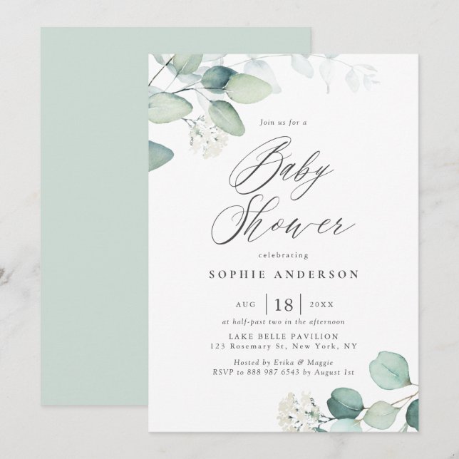 Boho Watercolor Eucalyptus Leaves Baby Shower Invitation (Front/Back)