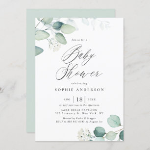 Boho Watercolor Eucalyptus Leaves Baby Shower Invitation