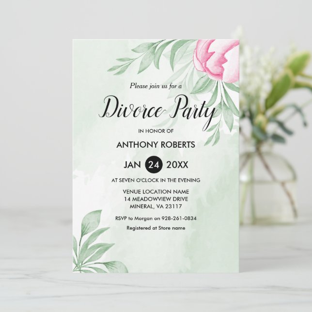 Boho Watercolor Eucalyptus Leaves Divorce Party Invitation (Standing Front)