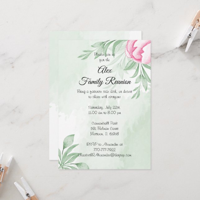 Boho Watercolor Eucalyptus Leaves Greenery Reunion Invitation (Front/Back In Situ)