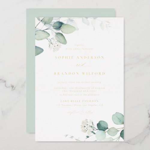 Boho Watercolor Eucalyptus Leaves Greenery Wedding Foil Invitation