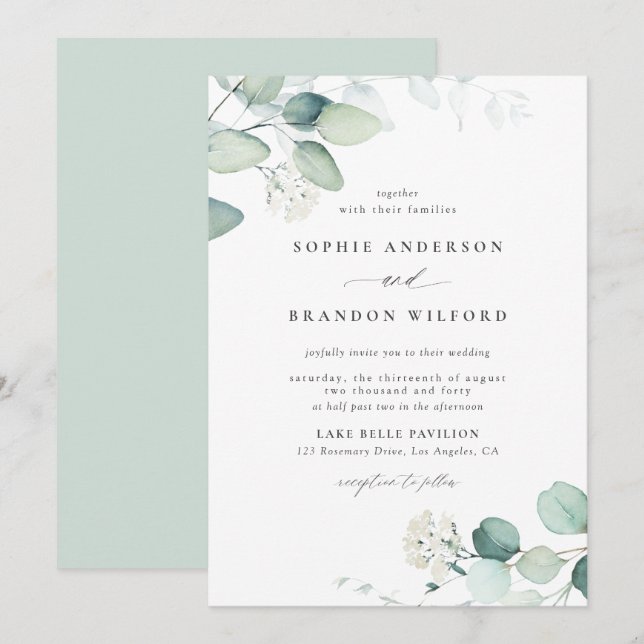 Boho Watercolor Eucalyptus Leaves Greenery Wedding Invitation (Front/Back)