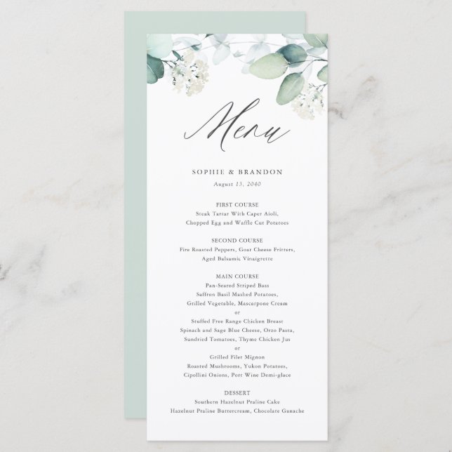 Boho Watercolor Eucalyptus Leaves Greenery Wedding Menu (Front/Back)