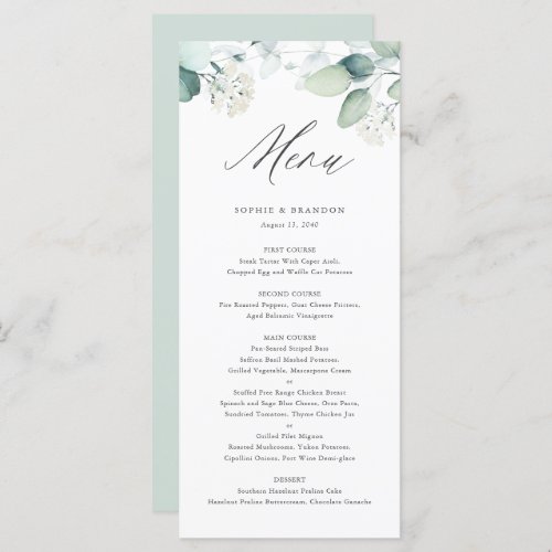 Boho Watercolor Eucalyptus Leaves Greenery Wedding Menu