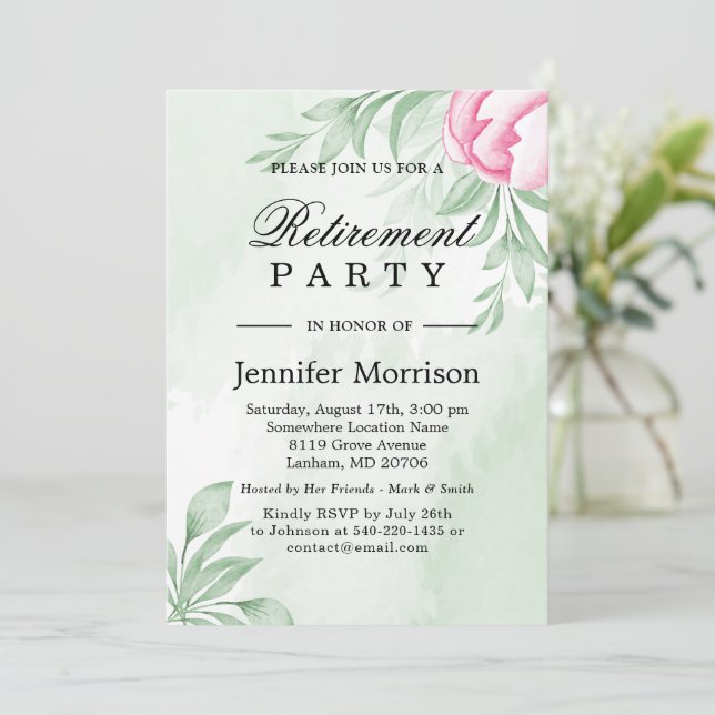 Boho Watercolor Eucalyptus Leaves Retirement Party Invitation (Standing Front)