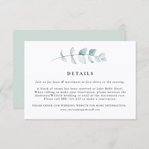 Boho Watercolor Eucalyptus Leaves Wedding Details Enclosure Card