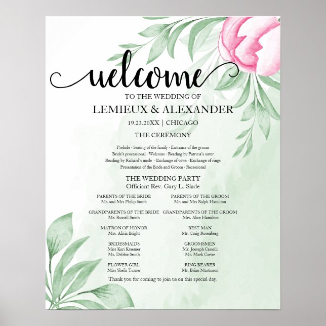 Boho Watercolor Eucalyptus Leaves Wedding Program Poster (Front)