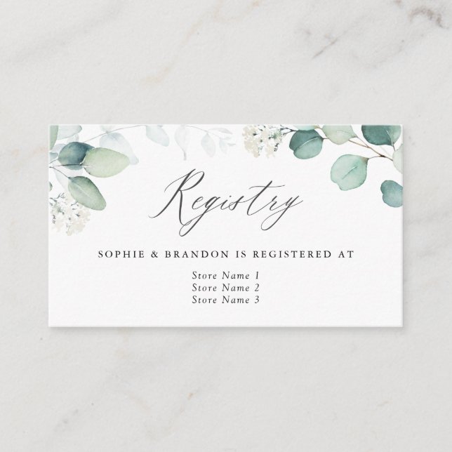 Boho Watercolor Eucalyptus Leaves Wedding Registry Enclosure Card (Front)