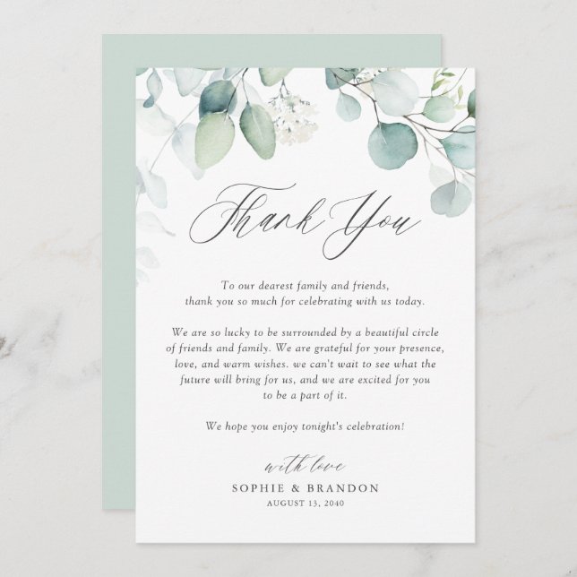 Boho Watercolor Eucalyptus Leaves Wedding Thank You Card (Front/Back)