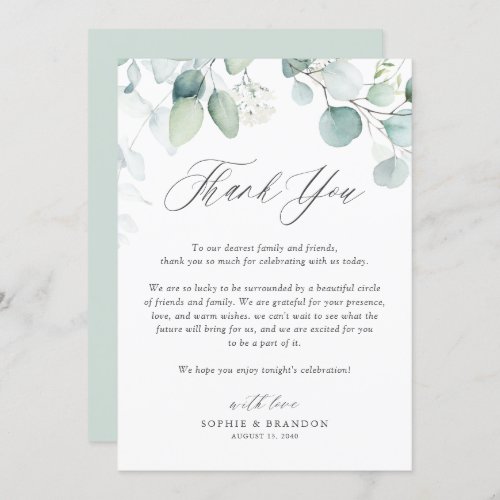 Boho Watercolor Eucalyptus Leaves Wedding Thank You Card
