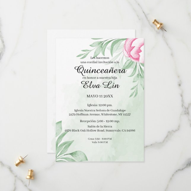 Boho Watercolor Eucalyptus Quinceanera Save The Date (Front/Back In Situ)