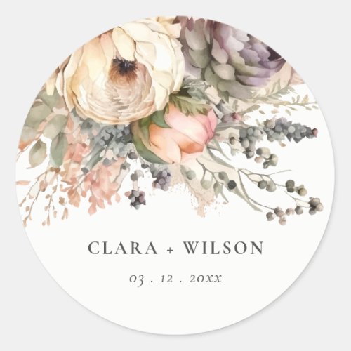 Boho Watercolor Fall Autumn Floral Bunch Wedding Classic Round Sticker
