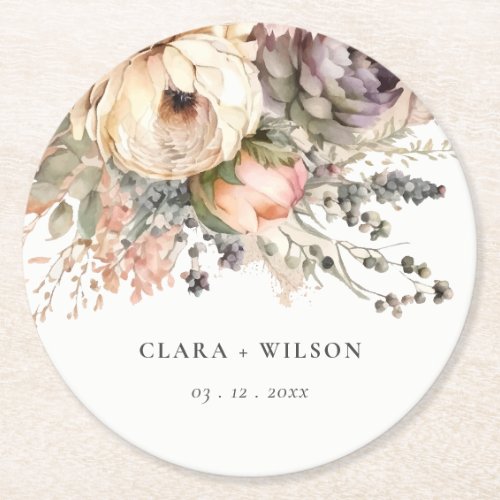 Boho Watercolor Fall Autumn Floral Bunch Wedding Round Paper Coaster