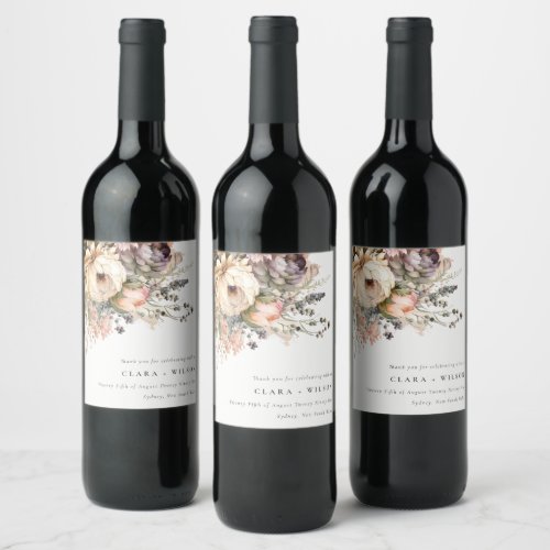 Boho Watercolor Fall Autumn Floral Bunch Wedding Wine Label