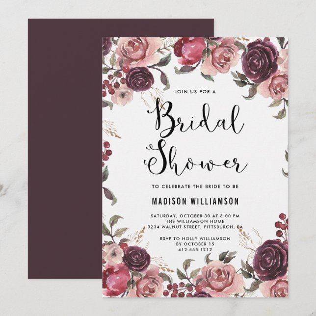 Boho Watercolor Fall Burgundy Floral Bridal Shower Invitation (Front/Back)