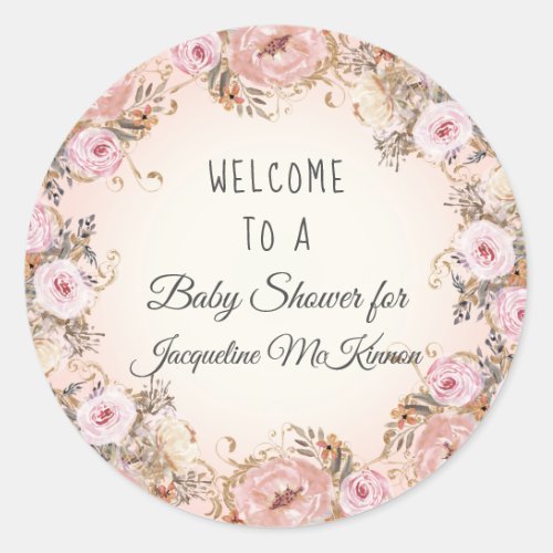 BOHO Watercolor Fall Floral Blush Baby Girl Shower Classic Round Sticker