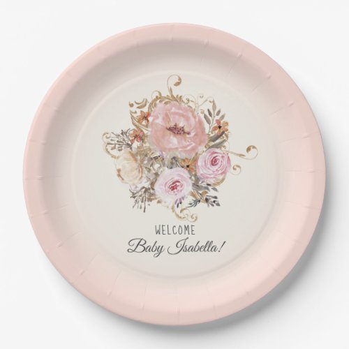 BOHO Watercolor Fall Floral Blush Baby Girl Shower Paper Plates