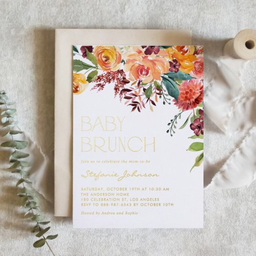 Boho Watercolor Fall Floral Bouquet Baby Brunch Foil Invitation