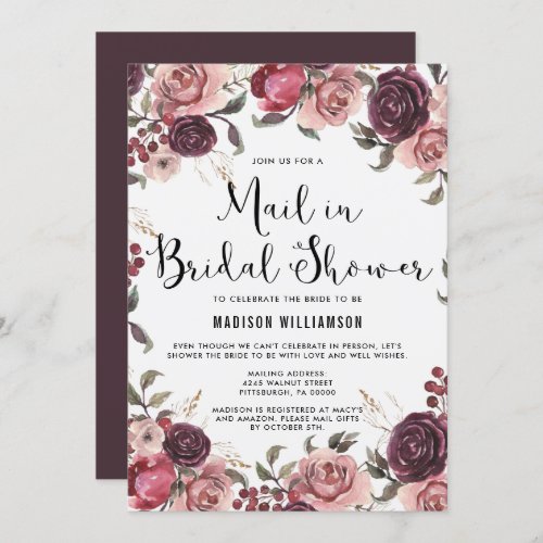 Boho Watercolor Fall Floral Mail in  Bridal Shower Invitation
