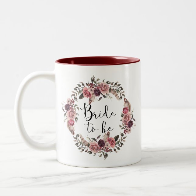 Boho Watercolor Fall Floral Wreath Bride to Be Two-Tone Coffee Mug (Left)