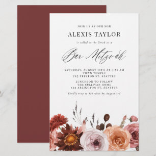 Boho Watercolor Fall Flower Bar Mitzvah Invitation