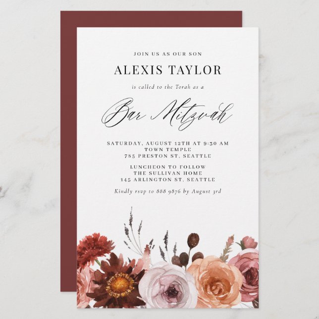 Boho Watercolor Fall Flower Bar Mitzvah Invitation (Front/Back)