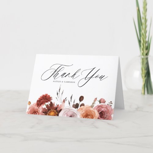 Boho Watercolor Fall Flower Wedding Thank You Card