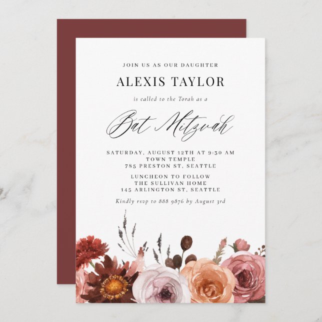 Boho Watercolor Fall Flowers Bat Mitzvah Invitation (Front/Back)