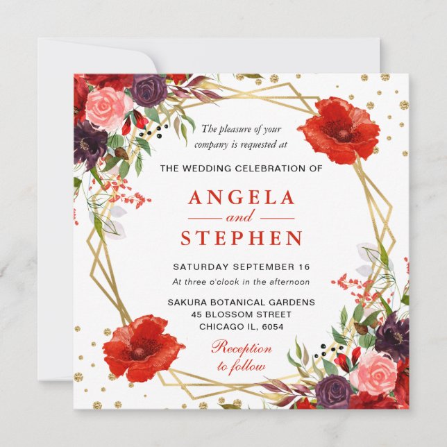 Boho Watercolor Fall Flowers Gold Frame Wedding Invitation (Front)