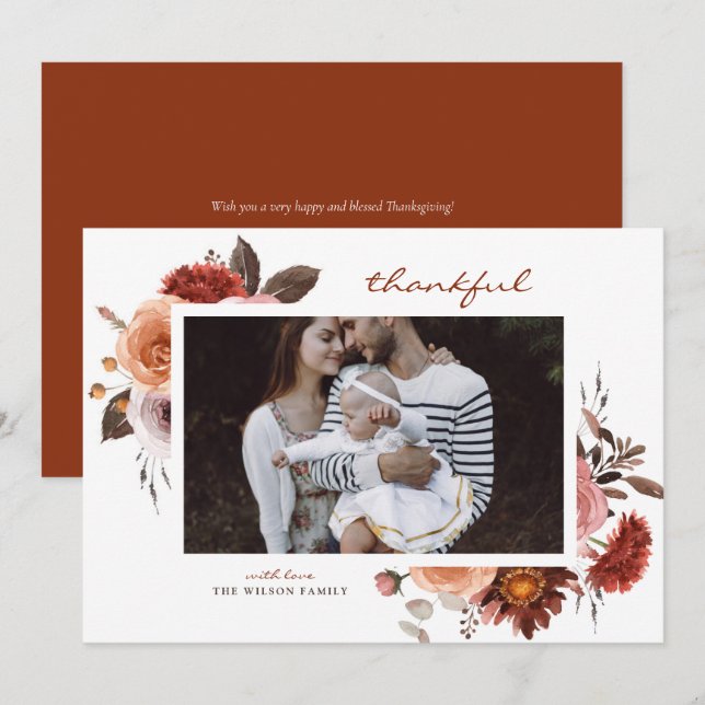 Boho Watercolor Fall Flowers Photo Thanksgiving (Front/Back)