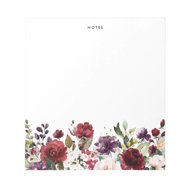 Boho Watercolor Fall Red and Purple Flowers Notepad (Front)