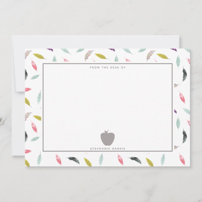 Boho Watercolor Feather Gray Apple Teacher Note Card (Front)