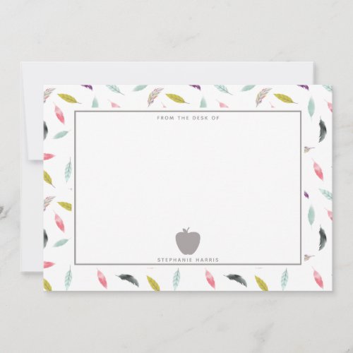 Boho Watercolor Feather Gray Apple Teacher Note Card